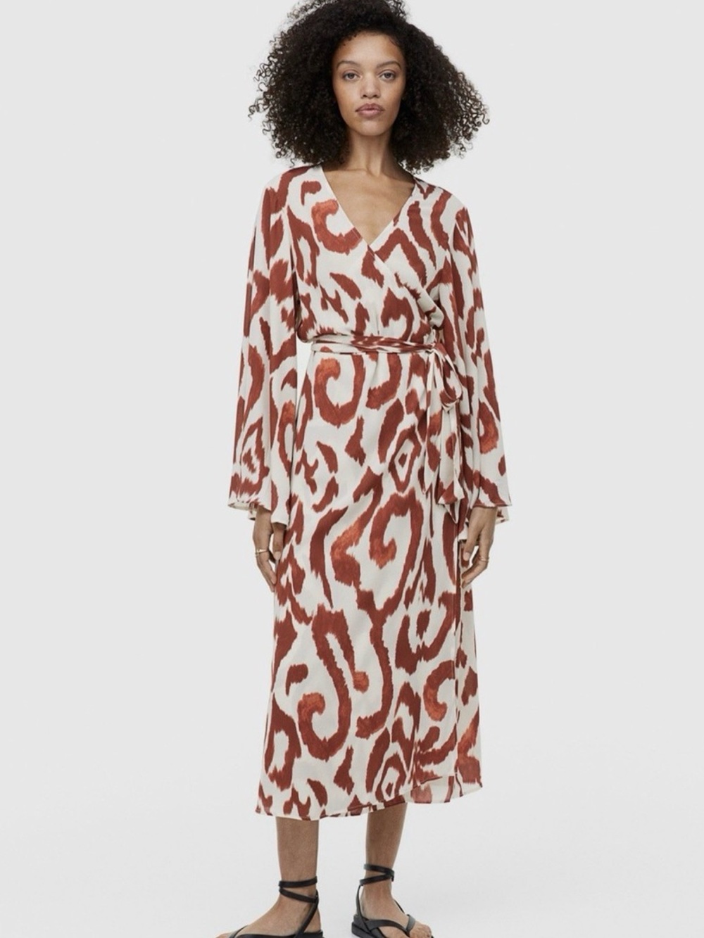 Wrap Midi Dress in Rust and Cream Abstract Print